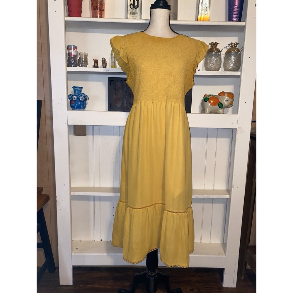 Nanette Lepore Yellow Smocked Midi Dress Size 14 Women's‎